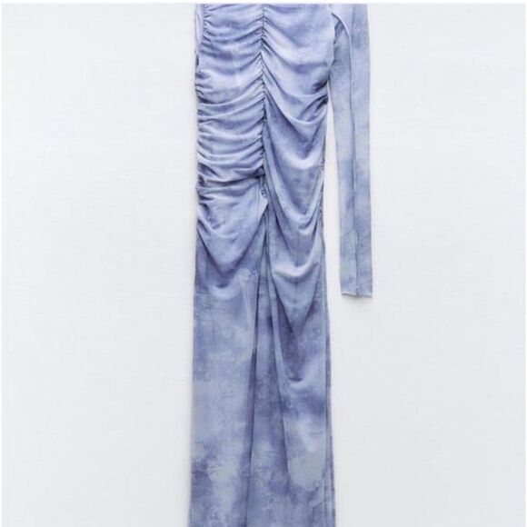 ZARA One Sleeve Asymmetrical Tulle Mesh Lined Midi Dress Blue Size Small - Picture 2 of 8